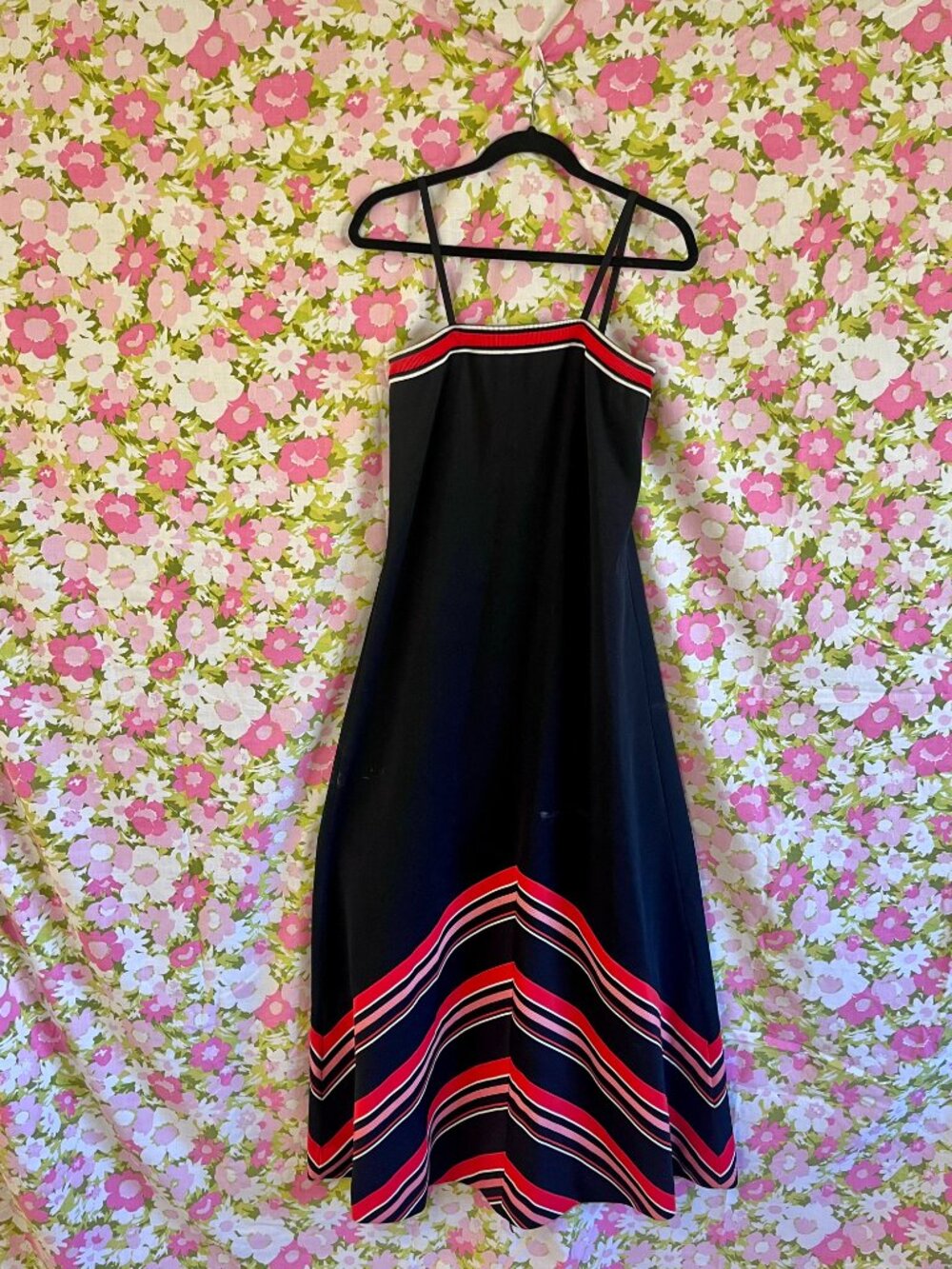 Vintage 70s ILGWU Maxi Dress Size 14 Black Red Stripe Union Made USA
